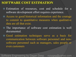 SOFTWARE COST ESTIMATION
 Estimation of resources, cost and schedule for a
software development effort requires experience.
 Access to good historical information and the courage
to commit to quantitative measures when qualitative
data are all that exist.
 The importance of software cost estimation is well
documented.
 Good estimation techniques serve as a basis for
communication between software personnel and non-
software personnel such as managers, sales people or
even customers
Software Engineering by Gagan Deep rozygag@yahoo.com 4
 