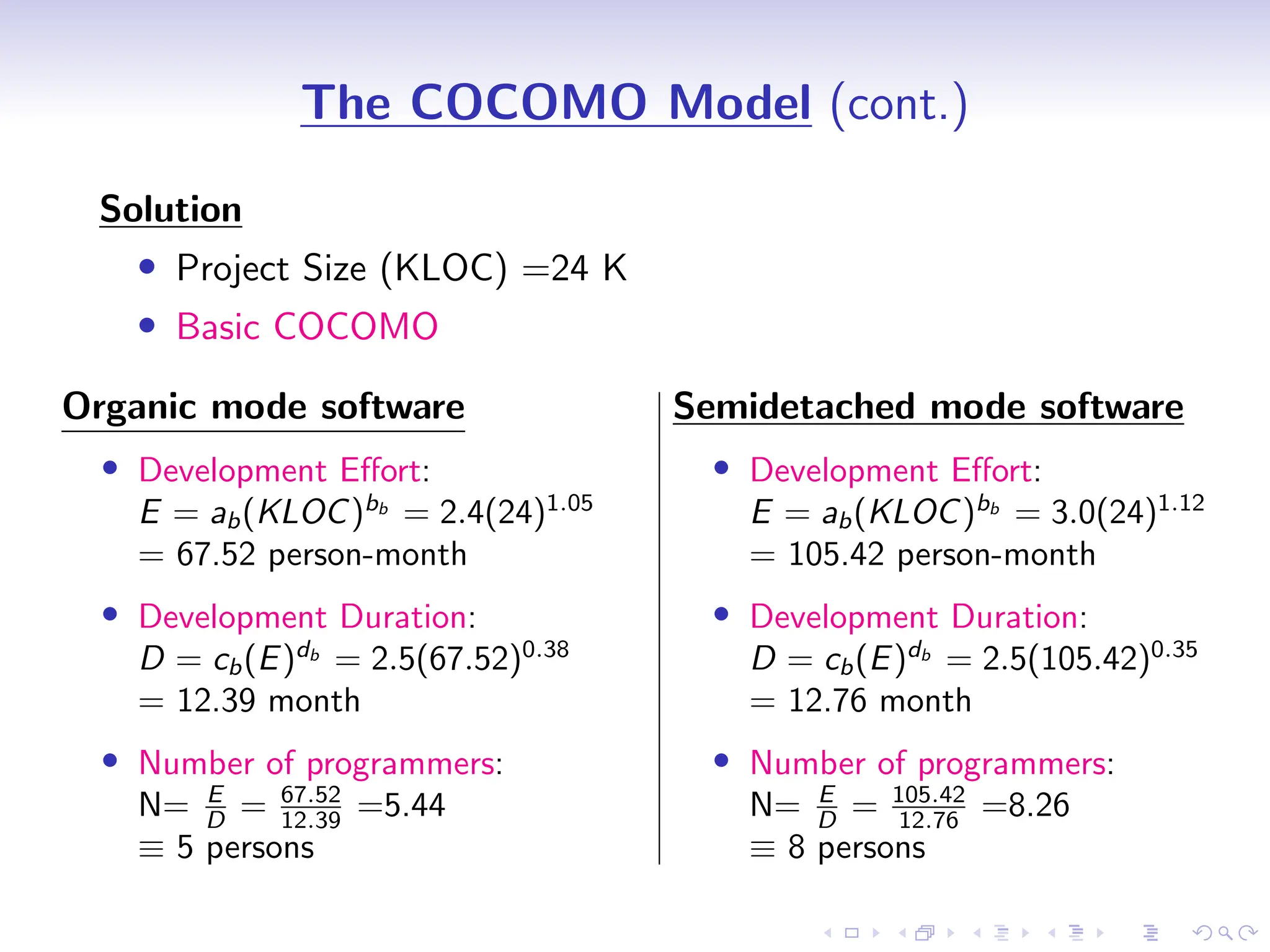 D
r
a
f
t
The COCOMO Model (cont.)
Solution
• Project Size (KLOC) =24 K
• Basic COCOMO
Organic mode software
• Development Effort:
E = ab(KLOC)bb
= 2.4(24)1.05
= 67.52 person-month
• Development Duration:
D = cb(E)db
= 2.5(67.52)0.38
= 12.39 month
• Number of programmers:
N= E
D = 67.52
12.39 =5.44
≡ 5 persons
Semidetached mode software
• Development Effort:
E = ab(KLOC)bb
= 3.0(24)1.12
= 105.42 person-month
• Development Duration:
D = cb(E)db
= 2.5(105.42)0.35
= 12.76 month
• Number of programmers:
N= E
D = 105.42
12.76 =8.26
≡ 8 persons
 
