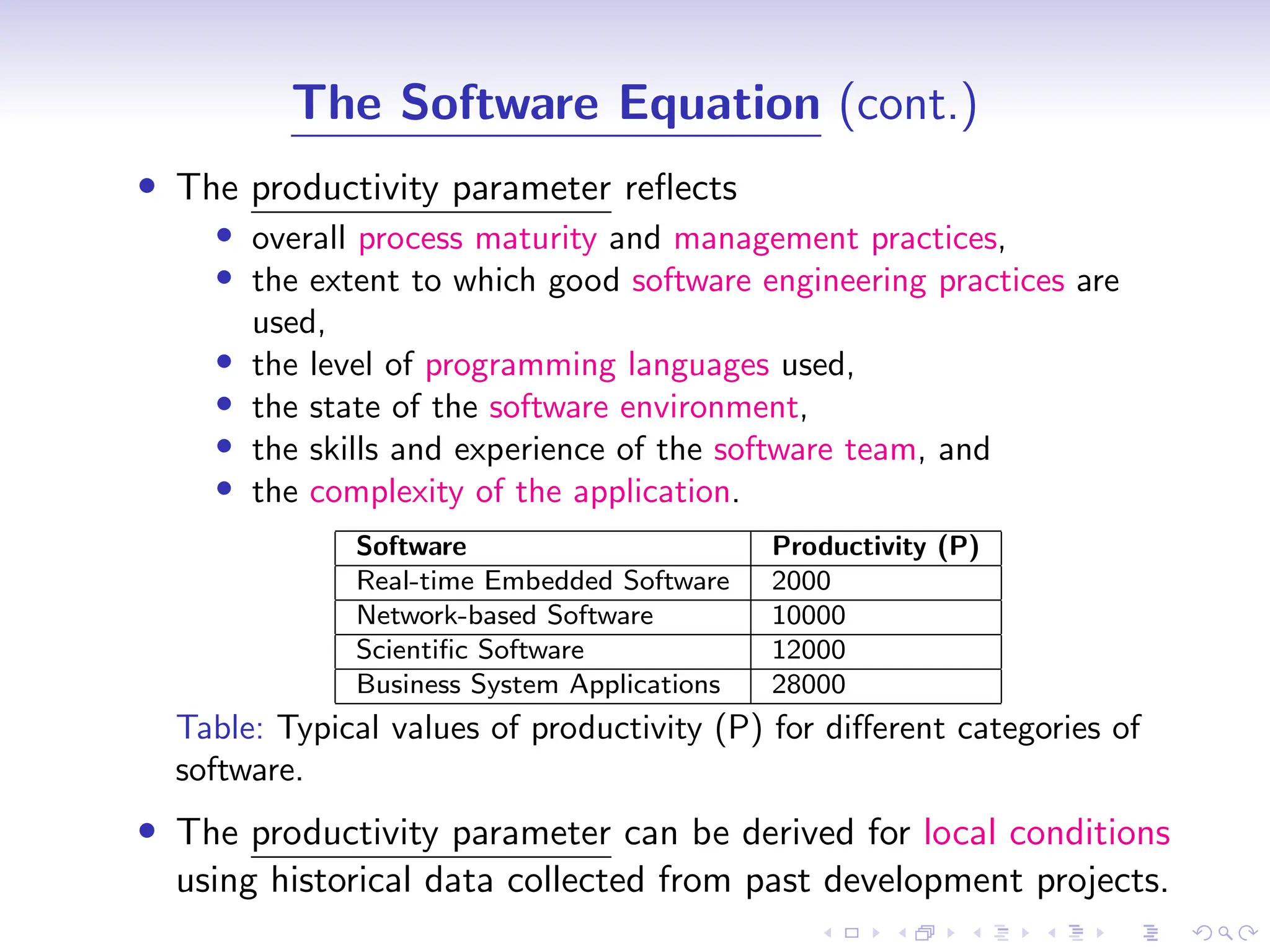 D
r
a
f
t
The Software Equation (cont.)
• The productivity parameter reflects
• overall process maturity and management practices,
• the extent to which good software engineering practices are
used,
• the level of programming languages used,
• the state of the software environment,
• the skills and experience of the software team, and
• the complexity of the application.
Software Productivity (P)
Real-time Embedded Software 2000
Network-based Software 10000
Scientific Software 12000
Business System Applications 28000
Table: Typical values of productivity (P) for different categories of
software.
• The productivity parameter can be derived for local conditions
using historical data collected from past development projects.
 