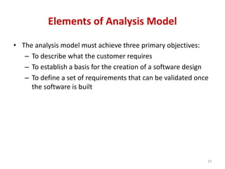 Elements of Analysis Model
• The analysis model must achieve three primary objectives:
– To describe what the customer requires
– To establish a basis for the creation of a software design
– To define a set of requirements that can be validated once
the software is built
23
 