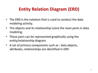 Entity Relation Diagram (ERD)
• The ERD is the notation that is used to conduct the data
modeling activity.
• The objects and its relationship is/are the main parts in data
modeling.
• These pairs can be represented graphically using the
entity/relationship diagram.
• A set of primary components such as : data objects,
attributes, relationships are identified in ERD
25
 