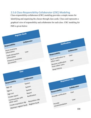 100
2.5.6 Class-Responsibility-Collaborator (CRC) Modeling
Class-responsibility-collaborator (CRC) modeling provides a simple means for
identifying and organizing the classes through class cards. Class card represents a
graphical view of responsibility and collaborator for each class. CRC modeling for
IMS is given below:
 