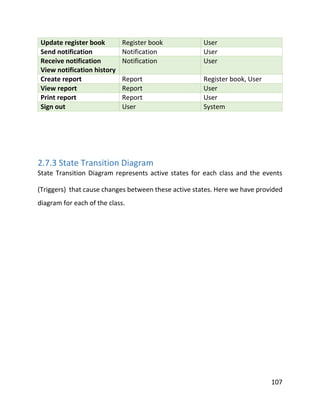 107
Update register book Register book User
Send notification Notification User
Receive notification
View notification history
Notification User
Create report Report Register book, User
View report Report User
Print report Report User
Sign out User System
2.7.3 State Transition Diagram
State Transition Diagram represents active states for each class and the events
(Triggers) that cause changes between these active states. Here we have provided
diagram for each of the class.
 