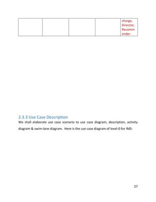 27
charge,
Director,
Recomm
ender
2.3.3 Use Case Description
We shall elaborate use case scenario to use case diagram, description, activity
diagram & swim-lane diagram. Here is the use case diagram of level-0 for IMS:
 