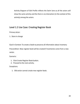 39
Activity Diagram of Edit Profile reflects the Swim lane as all the actors will
show the same activity and the there is no interaction (in the context of this
activity) among the actors.
Level 1.2 Use Case: Creating Register Book
Primary Actor:
1. Store in charge
Goal in Context: To create a book to preserve all information about inventory
Precondition: New register book will be created if inventories come from a new
sector.
Scenario:
1. Click Create Register Book button.
2. Proceed to the next activity.
Exceptions:
1. Old sector cannot create new register book.
 