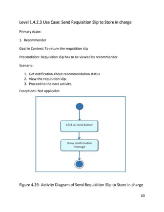 60
Level 1.4.2.3 Use Case: Send Requisition Slip to Store in charge
Primary Actor:
1. Recommender
Goal in Context: To return the requisition slip
Precondition: Requisition slip has to be viewed by recommender.
Scenario:
1. Get notification about recommendation status
2. View the requisition slip.
3. Proceed to the next activity.
Exceptions: Not applicable
Figure 4.29- Activity Diagram of Send Requisition Slip to Store in charge
 