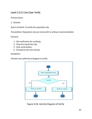 65
Level 1.4.3.2 Use Case: Verify
Primary Actor:
1. Director
Goal in Context: To verify the requisition slip
Precondition: Requisition slip can arrive with or without recommendation
Scenario:
1. Get notification for verifying.
2. View the requisition slip.
3. Click verify button.
4. Proceed to the next activity.
Exceptions:
Director has authority to disagree to verify.
Figure 4.34- Activity Diagram of Verify
 