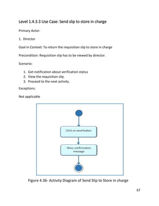 67
Level 1.4.3.3 Use Case: Send slip to store in charge
Primary Actor:
1. Director
Goal in Context: To return the requisition slip to store in charge
Precondition: Requisition slip has to be viewed by director.
Scenario:
1. Get notification about verification status
2. View the requisition slip.
3. Proceed to the next activity.
Exceptions:
Not applicable
Figure 4.36- Activity Diagram of Send Slip to Store in charge
 