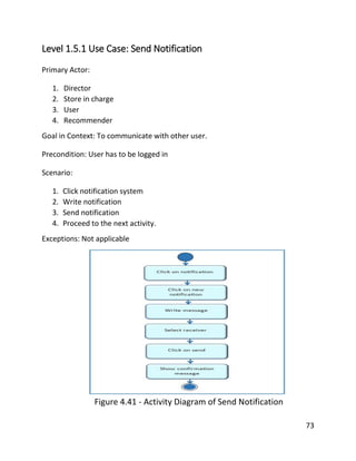 73
Level 1.5.1 Use Case: Send Notification
Primary Actor:
1. Director
2. Store in charge
3. User
4. Recommender
Goal in Context: To communicate with other user.
Precondition: User has to be logged in
Scenario:
1. Click notification system
2. Write notification
3. Send notification
4. Proceed to the next activity.
Exceptions: Not applicable
Figure 4.41 - Activity Diagram of Send Notification
 
