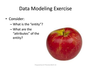 Data Modeling Exercise
• Consider:
– What is the “entity”?
– What are the
“attributes” of the
entity?
Prepared by Dr.T.Thendral 08.07.23
 
