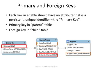 Primary and Foreign Keys
• Each row in a table should have an attribute that is a
persistent, unique identifier – the “Primary Key”
• Primary key in “parent” table
• Foreign key in “child” table
Prepared by Dr.T.Thendral 08.07.23
 