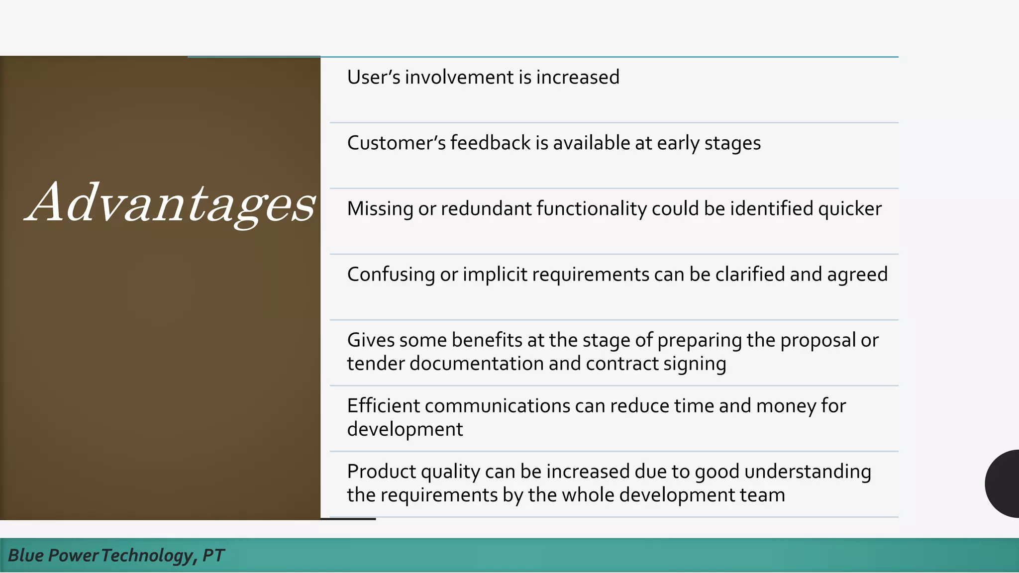 Advantages
Blue PowerTechnology, PT
User’s involvement is increased
Customer’s feedback is available at early stages
Missing or redundant functionality could be identified quicker
Confusing or implicit requirements can be clarified and agreed
Gives some benefits at the stage of preparing the proposal or
tender documentation and contract signing
Efficient communications can reduce time and money for
development
Product quality can be increased due to good understanding
the requirements by the whole development team
 