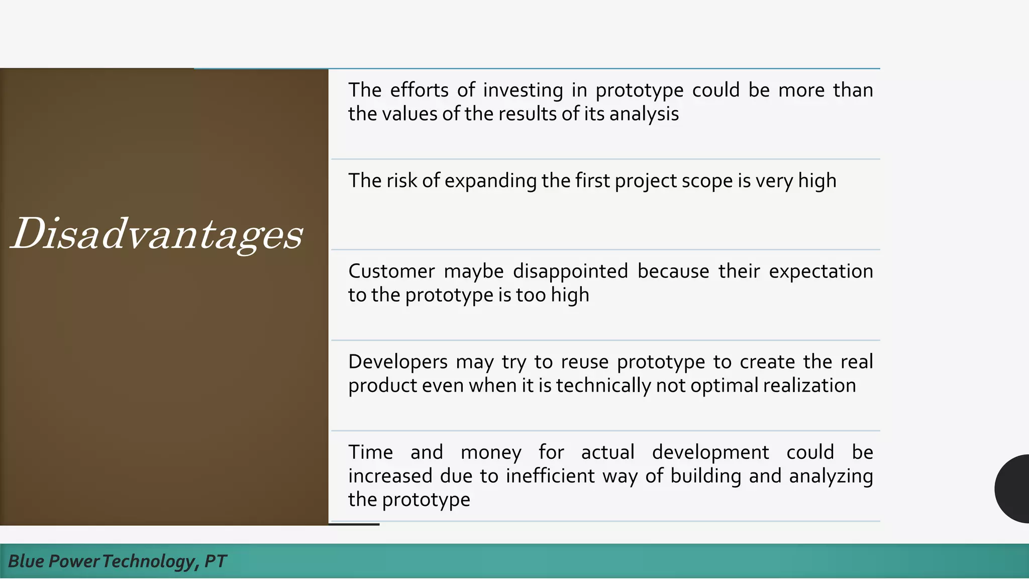 Disadvantages
Blue PowerTechnology, PT
The efforts of investing in prototype could be more than
the values of the results of its analysis
The risk of expanding the first project scope is very high
Customer maybe disappointed because their expectation
to the prototype is too high
Developers may try to reuse prototype to create the real
product even when it is technically not optimal realization
Time and money for actual development could be
increased due to inefficient way of building and analyzing
the prototype
 