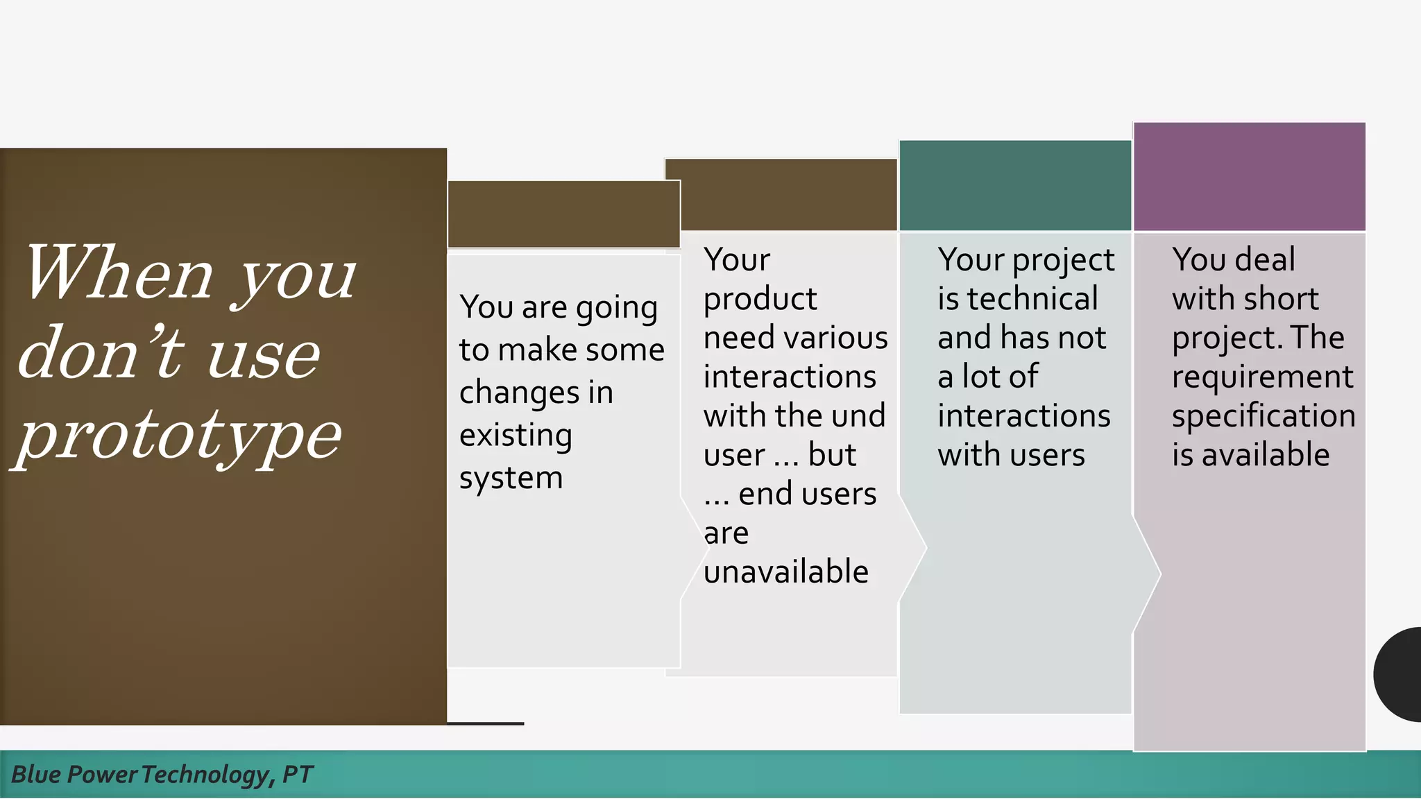 When you
don’t use
prototype
Blue PowerTechnology, PT
You deal
with short
project.The
requirement
specification
is available
Your project
is technical
and has not
a lot of
interactions
with users
Your
product
need various
interactions
with the und
user … but
… end users
are
unavailable
You are going
to make some
changes in
existing
system
 