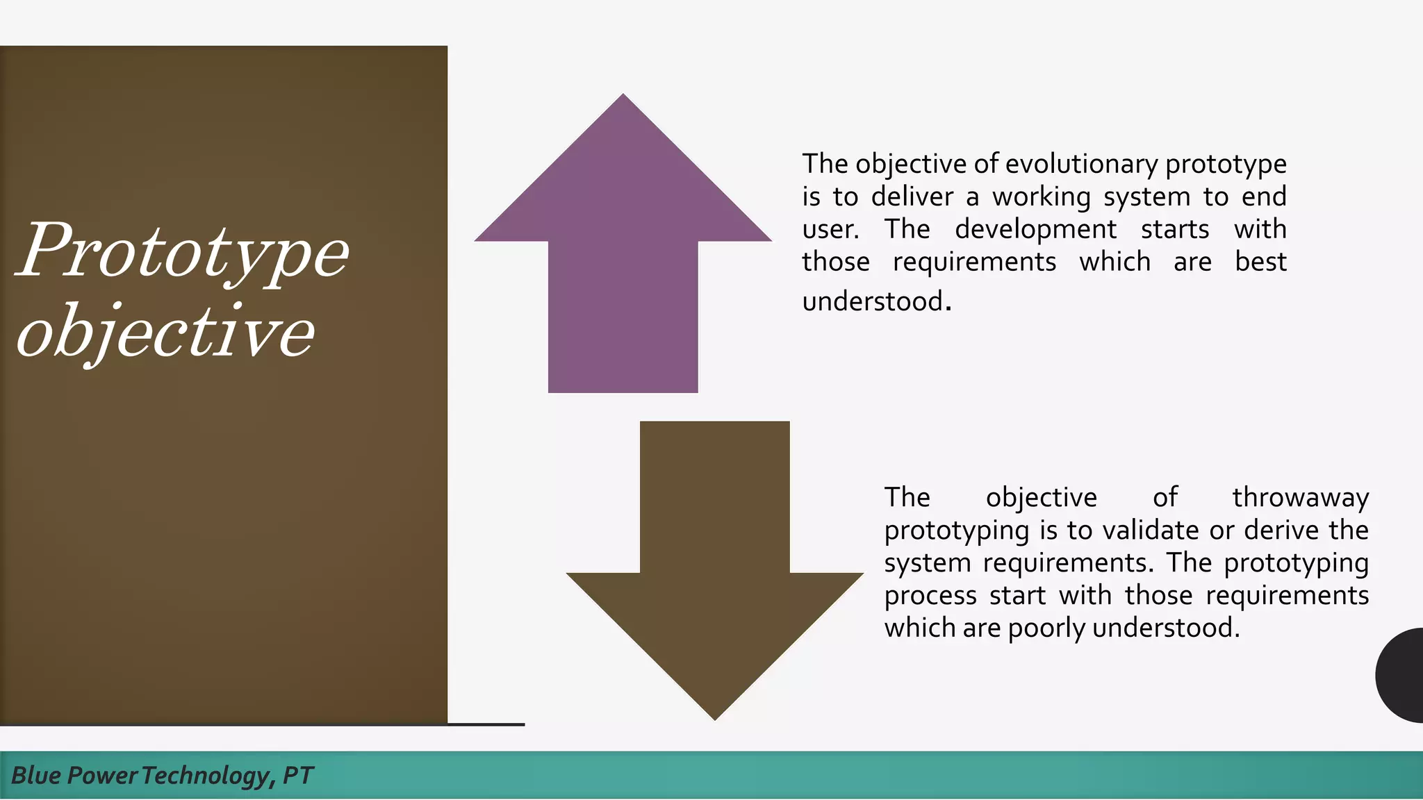 Prototype
objective
Blue PowerTechnology, PT
The objective of evolutionary prototype
is to deliver a working system to end
user. The development starts with
those requirements which are best
understood.
The objective of throwaway
prototyping is to validate or derive the
system requirements. The prototyping
process start with those requirements
which are poorly understood.
 