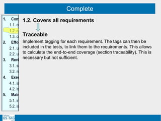 Complete
1.2. Covers all requirements
Traceable
Implement tagging for each requirement. The tags can then be
included in the tests, to link them to the requirements. This allows
to calculate the end-to-end coverage (section traceability). This is
necessary but not sufficient.
 