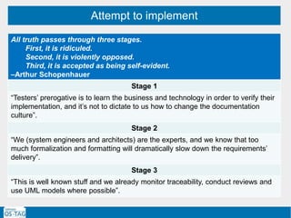 Attempt to implement
All truth passes through three stages.
First, it is ridiculed.
Second, it is violently opposed.
Third, it is accepted as being self-evident.
–Arthur Schopenhauer
Stage 1
“Testers’ prerogative is to learn the business and technology in order to verify their
implementation, and it’s not to dictate to us how to change the documentation
culture”.
Stage 2
“We (system engineers and architects) are the experts, and we know that too
much formalization and formatting will dramatically slow down the requirements’
delivery”.
Stage 3
“This is well known stuff and we already monitor traceability, conduct reviews and
use UML models where possible”.
 