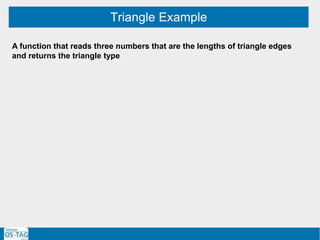 Triangle Example
A function that reads three numbers that are the lengths of triangle edges
and returns the triangle type
 