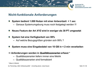 Nicht-funktionale Anforderungen

      System bedient 1.000 Nutzer mit einer Antwortzeit < 1 sec
       – Genaue Systemumgebung muss noch festgelegt werden !!!

      Neues Feature der Art XYZ wird in weniger als 30 PT umgesetzt

      System hat eine Verfügbarkeit von 99%
       – Auf welche Bezugsgrößen gründen sich 99% ?

      System muss eine Eingabedatei von 10 GB in < 2 min verarbeiten

 Anforderungen werden in Qualitätsszenarien erfasst *
   – Qualitätsszenarien liefern immer eine Metrik
   – Qualitätsszenarien sind formalisiert
* [Bass+], [Starke]

iks Thementag: „Mehr Softwarequalität“ - Umsichtig planen, robust bauen   Seite 19 / 36
 