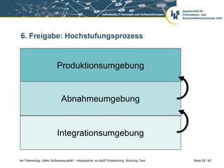 6. Freigabe: Hochstufungsprozess



                          Produktionsumgebung


                             Abnahmeumgebung


                          Integrationsumgebung

iks Thementag: „Mehr Softwarequalität“ - Hauptsache, es läuft? Entwicklung, Wartung, Test   Seite 29 / 42
 