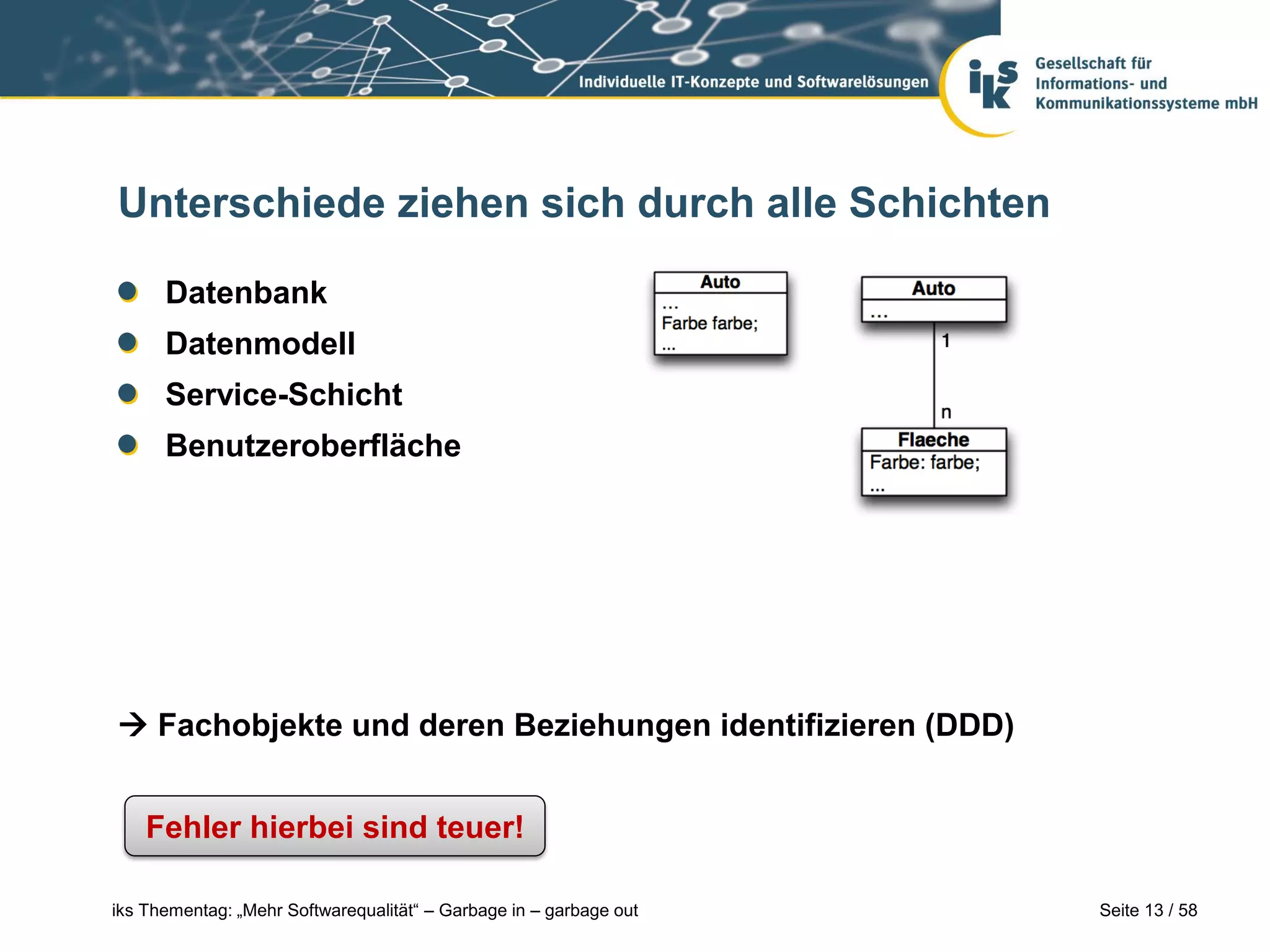 Unterschiede ziehen sich durch alle Schichten

      Datenbank
      Datenmodell
      Service-Schicht
      Benutzeroberfläche




 Fachobjekte und deren Beziehungen identifizieren (DDD)


    Fehler hierbei sind teuer!

iks Thementag: „Mehr Softwarequalität“ – Garbage in – garbage out   Seite 13 / 58
 