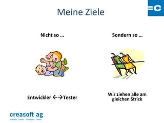 Meine Ziele

                                   Nicht so …            Sondern so …




                                                       Wir ziehen alle am
                    Entwickler Tester                 gleichen Strick


Software: Planen. Entwickeln. Testen.
 