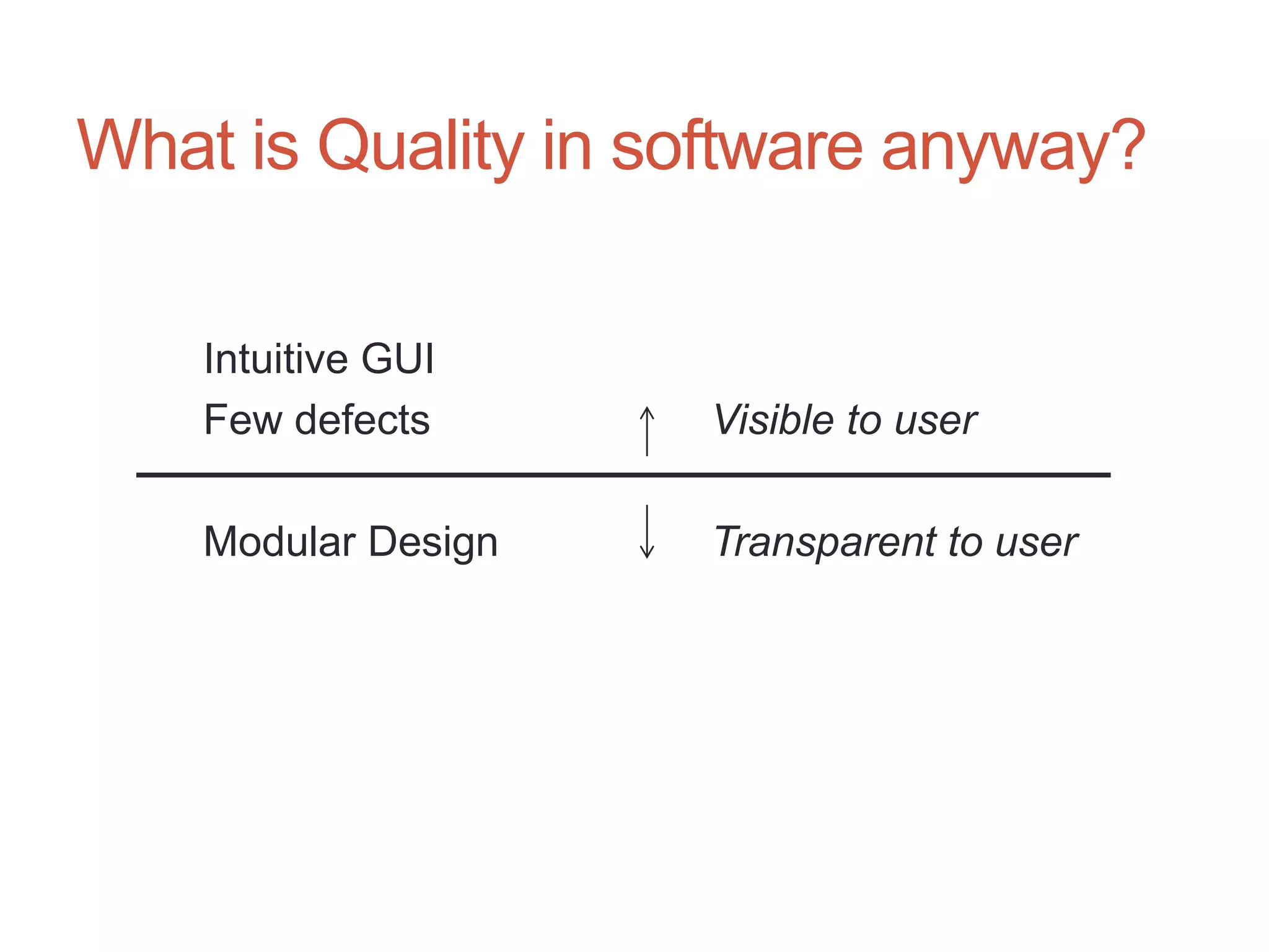 8




What is Quality in software anyway?

    Intuitive GUI
    Few defects      Visible to user

    Modular Design   Transparent to user
 
