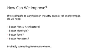 How Can We Improve?
If we compare to Construction Industry an look for improvement,
do we need:
- Better Plans / Architecture?
- Better Materials?
- Better Tools?
- Better Processes?
Probably something from everywhere…
 