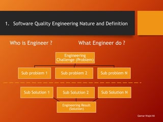 1. Software Quality Engineering Nature and Definition
Who is Engineer ? What Engineer do ?
Engineering
Challenge (Problem)
Sub problem 1 Sub problem 2 Sub problem N
Engineering Result
(Solution)
Sub Solution 1 Sub Solution 2 Sub Solution N
Qamar Wajid Ali
 