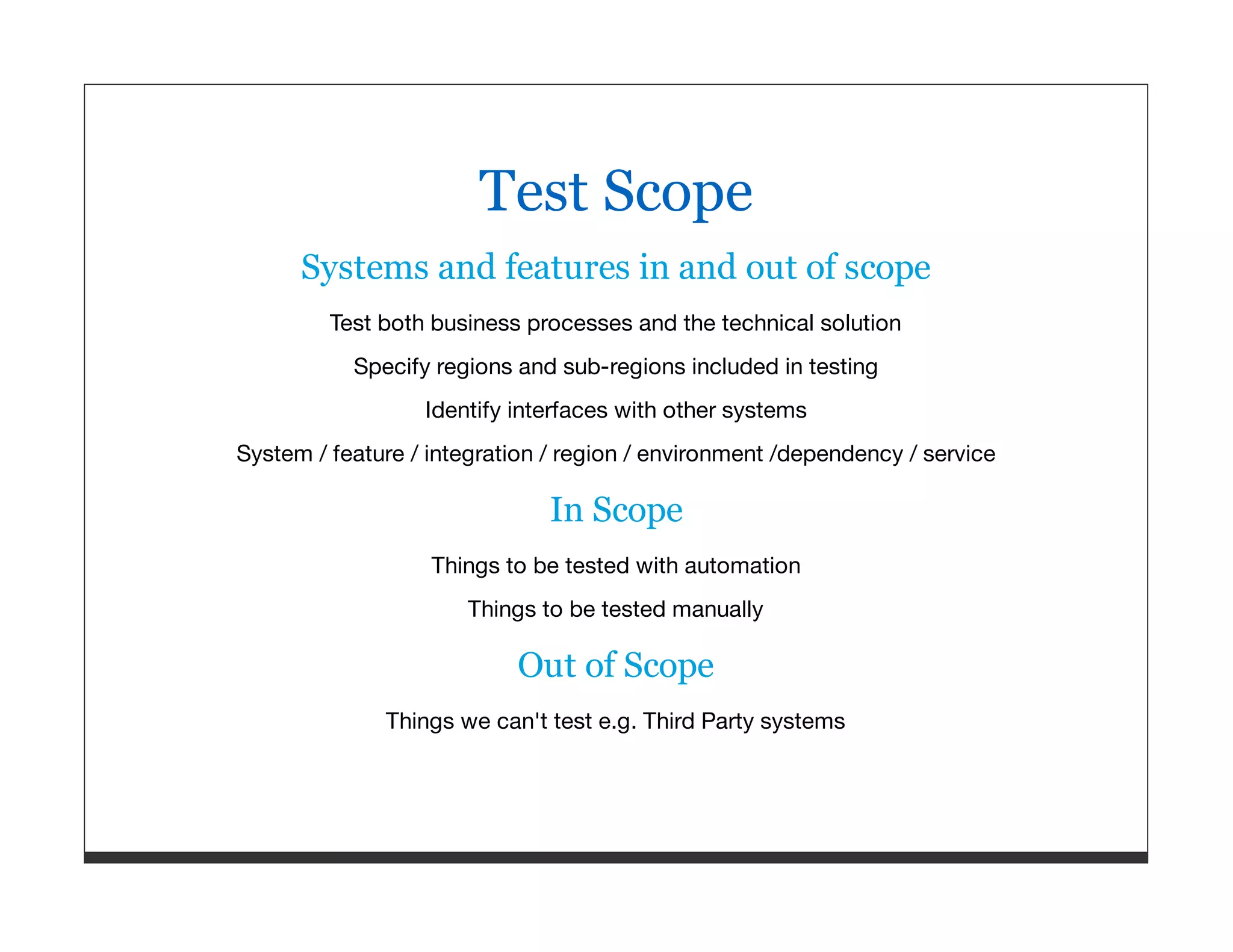 Test Scope Systems and features in and out of scope Test both business processes and the technical solution Specify regions and sub-regions included in testing Identify interfaces with other systems System / feature / integration / region / environment /dependency / service In Scope Things to be tested with automation Things to be tested manually Out of Scope Things we can't test e.g. Third Party systems 