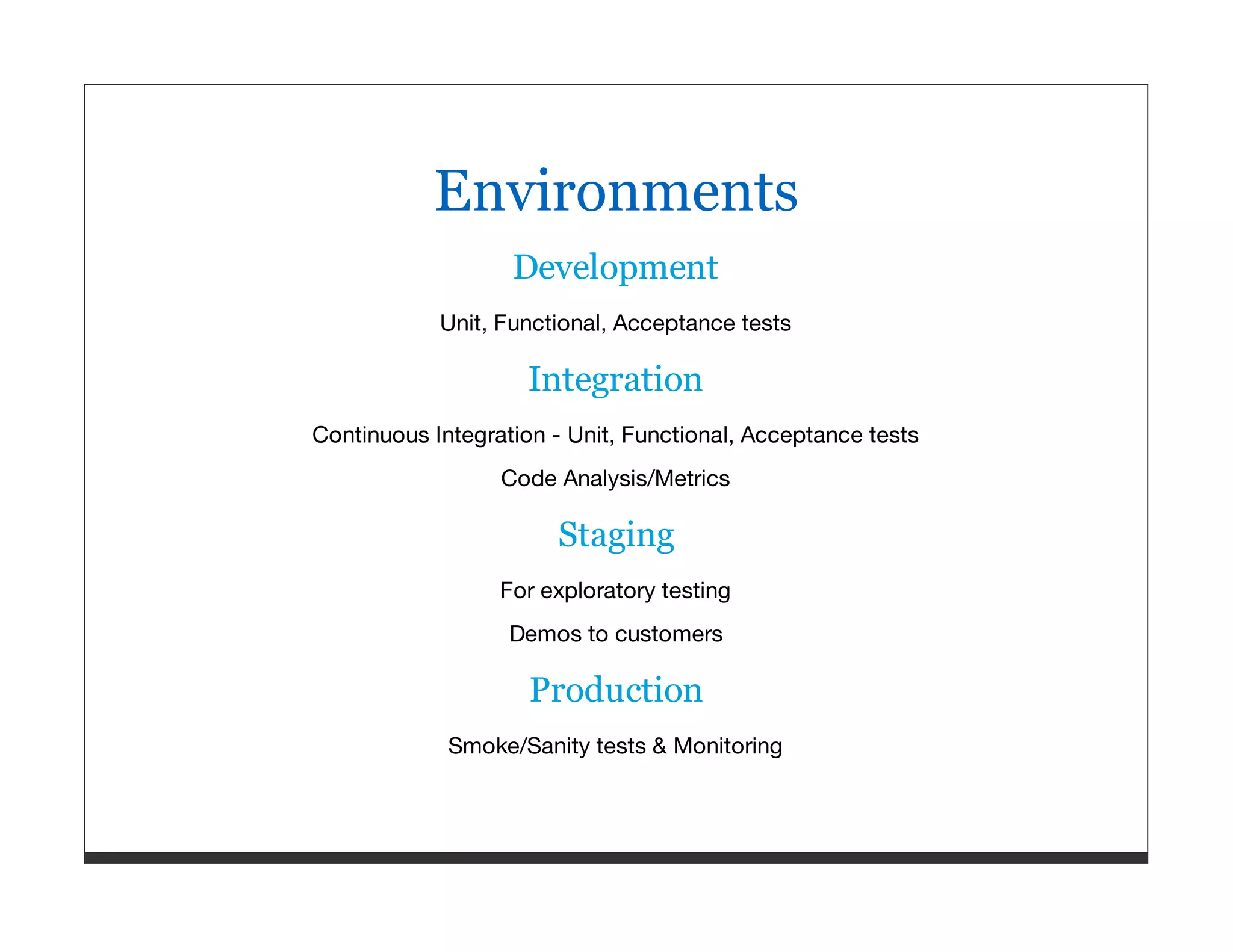 Environments Development Unit, Functional, Acceptance tests Integration Continuous Integration - Unit, Functional, Acceptance tests Code Analysis/Metrics Staging For exploratory testing Demos to customers Production Smoke/Sanity tests & Monitoring 