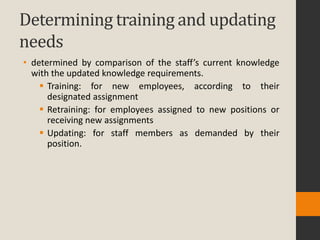 Determining training and updating
needs
• determined by comparison of the staff’s current knowledge
  with the updated knowledge requirements.
     Training: for new employees, according to their
      designated assignment
     Retraining: for employees assigned to new positions or
      receiving new assignments
     Updating: for staff members as demanded by their
      position.
 