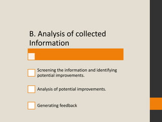 B. Analysis of collected
Information


  Screening the information and identifying
  potential improvements.

  Analysis of potential improvements.


  Generating feedback
 