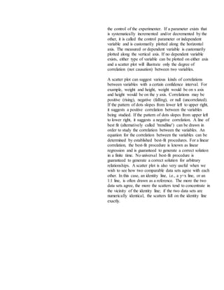the control of the experimenter. If a parameter exists that
is systematically incremented and/or decremented by the
other, it is called the control parameter or independent
variable and is customarily plotted along the horizontal
axis. The measured or dependent variable is customarily
plotted along the vertical axis. If no dependent variable
exists, either type of variable can be plotted on either axis
and a scatter plot will illustrate only the degree of
correlation (not causation) between two variables.
A scatter plot can suggest various kinds of correlations
between variables with a certain confidence interval. For
example, weight and height, weight would be on x axis
and height would be on the y axis. Correlations may be
positive (rising), negative (falling), or null (uncorrelated).
If the pattern of dots slopes from lower left to upper right,
it suggests a positive correlation between the variables
being studied. If the pattern of dots slopes from upper left
to lower right, it suggests a negative correlation. A line of
best fit (alternatively called 'trendline') can be drawn in
order to study the correlation between the variables. An
equation for the correlation between the variables can be
determined by established best-fit procedures. For a linear
correlation, the best-fit procedure is known as linear
regression and is guaranteed to generate a correct solution
in a finite time. No universal best-fit procedure is
guaranteed to generate a correct solution for arbitrary
relationships. A scatter plot is also very useful when we
wish to see how two comparable data sets agree with each
other. In this case, an identity line, i.e., a y=x line, or an
1:1 line, is often drawn as a reference. The more the two
data sets agree, the more the scatters tend to concentrate in
the vicinity of the identity line; if the two data sets are
numerically identical, the scatters fall on the identity line
exactly.
 