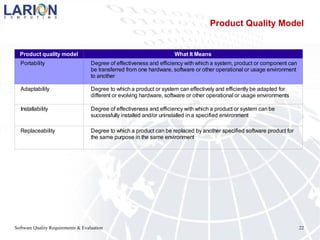 Software Quality Requirements & Evaluation 22
Product Quality Model
Product quality model What It Means
Portability
Adaptability
Installability
Replaceability
Degree of effectiveness and efficiency with which a system, product or component can
be transferred from one hardware, software or other operational or usage environment
to another
Degree to which a product or system can effectively and efficiently be adapted for
different or evolving hardware, software or other operational or usage environments
Degree of effectiveness and efficiency with which a product or system can be
successfully installed and/or uninstalled in a specified environment
Degree to which a product can be replaced by another specified software product for
the same purpose in the same environment
 