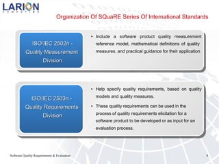 Software Quality Requirements & Evaluation 8
Organization Of SQuaRE Series Of International Standards
ISO/IEC 2502n -ISO/IEC 2502n -
Quality MeasurementQuality Measurement
DivisionDivision
ISO/IEC 2503n -ISO/IEC 2503n -
Quality RequirementsQuality Requirements
DivisionDivision
● Include a software product quality measurement
reference model, mathematical definitions of quality
measures, and practical guidance for their application
● Help specify quality requirements, based on quality
models and quality measures.
● These quality requirements can be used in the
process of quality requirements elicitation for a
software product to be developed or as input for an
evaluation process.
 
