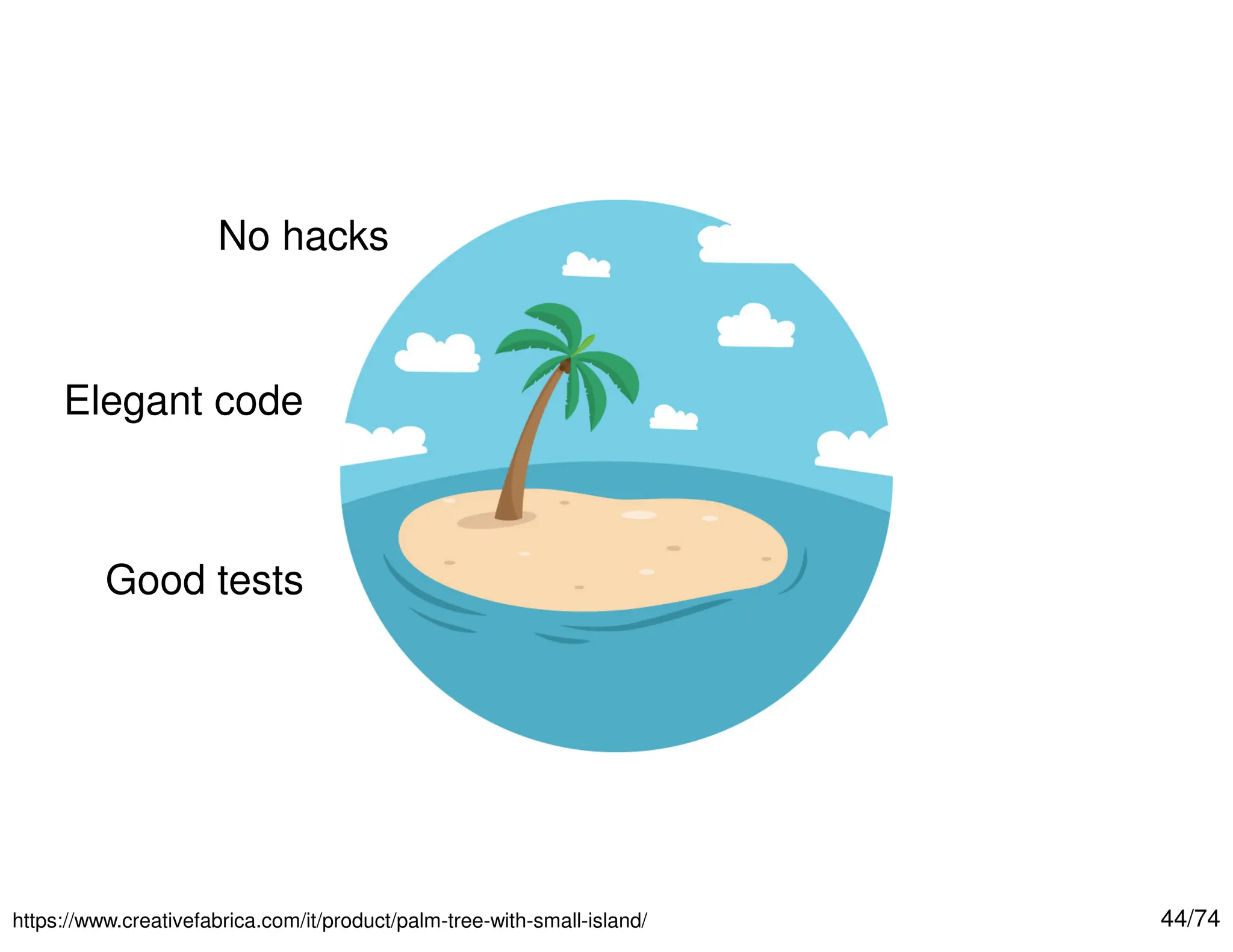 44/74

https://www.creativefabrica.com/it/product/palm-tree-with-small-island/
No hacks
Elegant code
Good tests
 