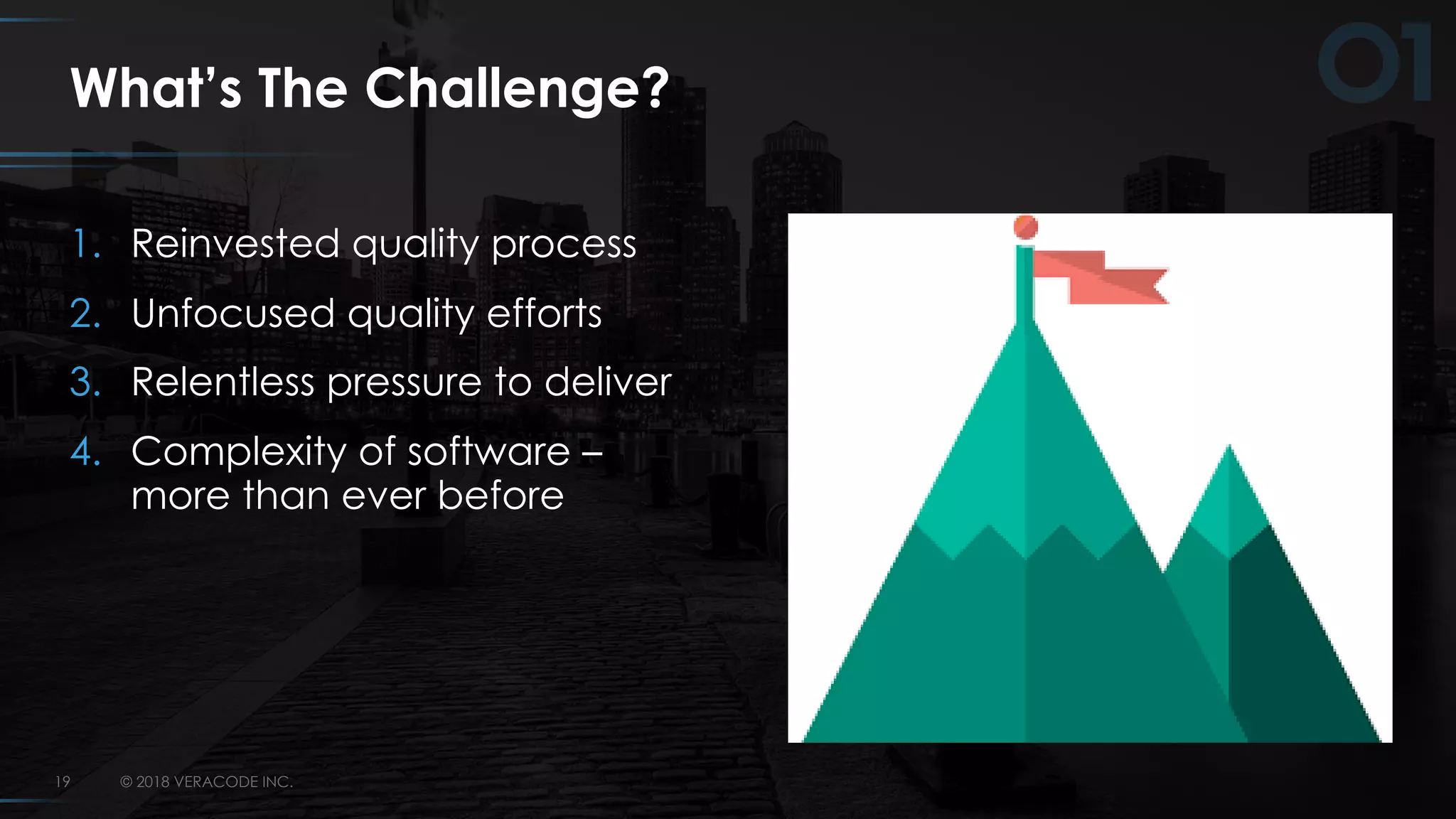 © 2018 VERACODE INC.19
What’s The Challenge?
1. Reinvested quality process
2. Unfocused quality efforts
3. Relentless pressure to deliver
4. Complexity of software –
more than ever before
 
