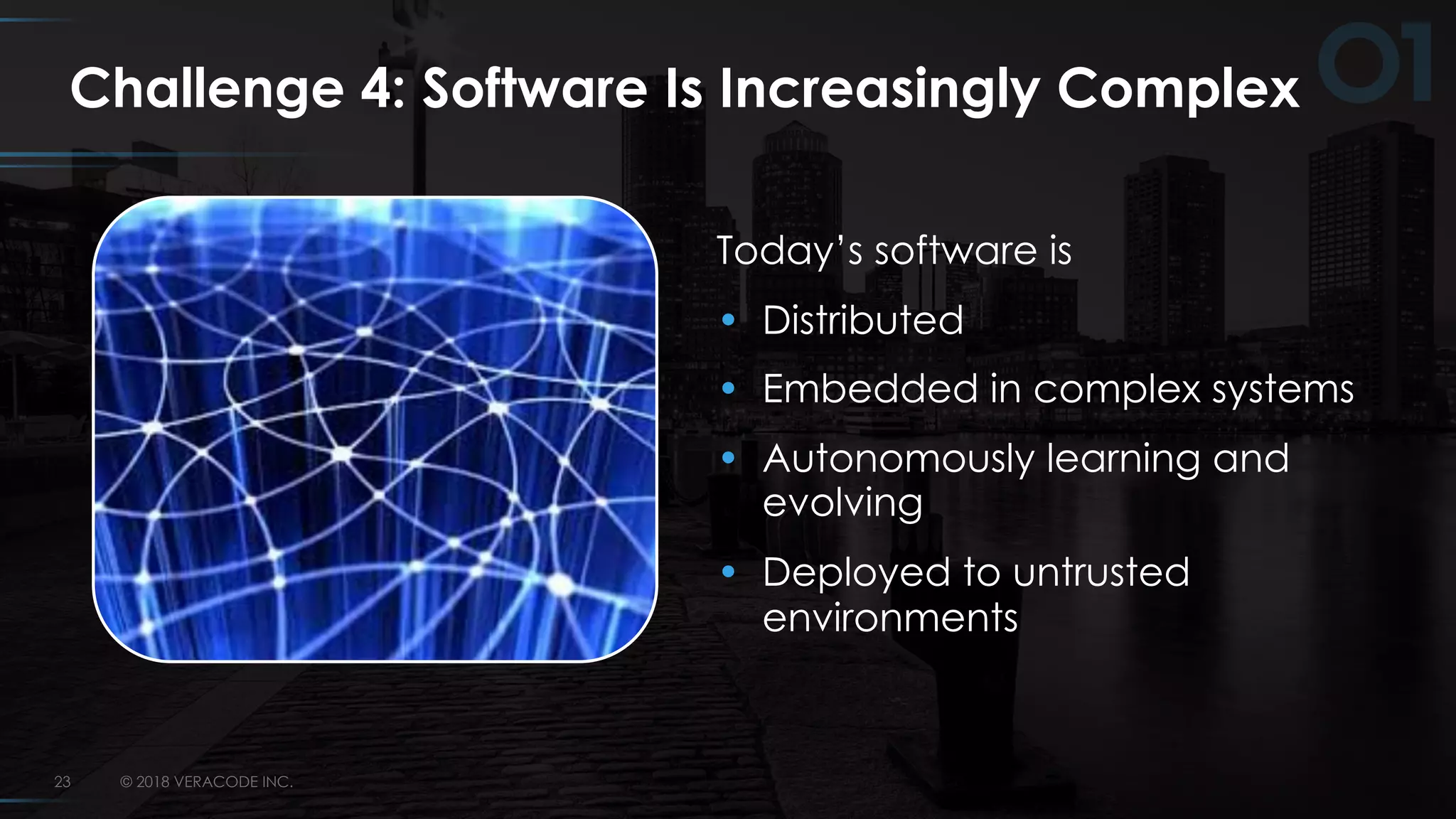 © 2018 VERACODE INC.23
Challenge 4: Software Is Increasingly Complex
Today’s software is
• Distributed
• Embedded in complex systems
• Autonomously learning and
evolving
• Deployed to untrusted
environments
 