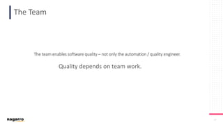 14
The Team
The team enables software quality – not only the automation / quality engineer.
Quality depends on team work.
 