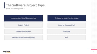 16
The Software Project Type
What do we engineer?
Evaluate an idea / business caseEvaluate an idea / business case
Proof of Concept (PoC)
Pilot
Prototype
 