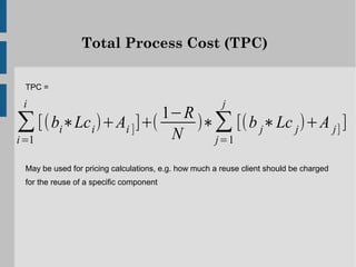 Total Process Cost (TPC)

 TPC =

 i                                                     j
                      1−R
∑ [(bi∗Lc i )+Ai ] ]+( N )∗∑ [(b j∗Lc j )+A j] ]
i=1                        j=1

 May be used for pricing calculations, e.g. how much a reuse client should be charged
 for the reuse of a specific component
 