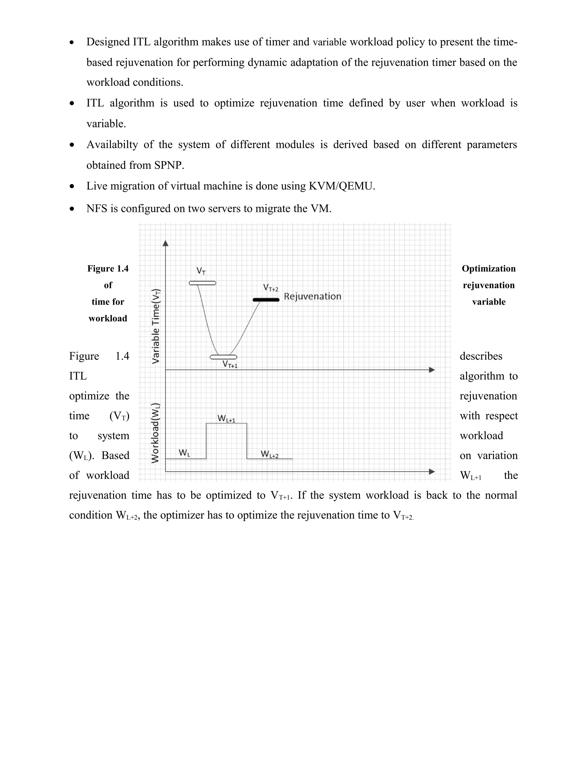• Designed ITL algorithm makes use of timer and variable workload policy to present the time-
based rejuvenation for performing dynamic adaptation of the rejuvenation timer based on the
workload conditions.
• ITL algorithm is used to optimize rejuvenation time defined by user when workload is
variable.
• Availabilty of the system of different modules is derived based on different parameters
obtained from SPNP.
• Live migration of virtual machine is done using KVM/QEMU.
• NFS is configured on two servers to migrate the VM.
Figure 1.4 Optimization
of rejuvenation
time for variable
workload
Figure 1.4 describes
ITL algorithm to
optimize the rejuvenation
time (VT) with respect
to system workload
(WL). Based on variation
of workload WL+1 the
rejuvenation time has to be optimized to VT+1. If the system workload is back to the normal
condition WL+2, the optimizer has to optimize the rejuvenation time to VT+2.
 