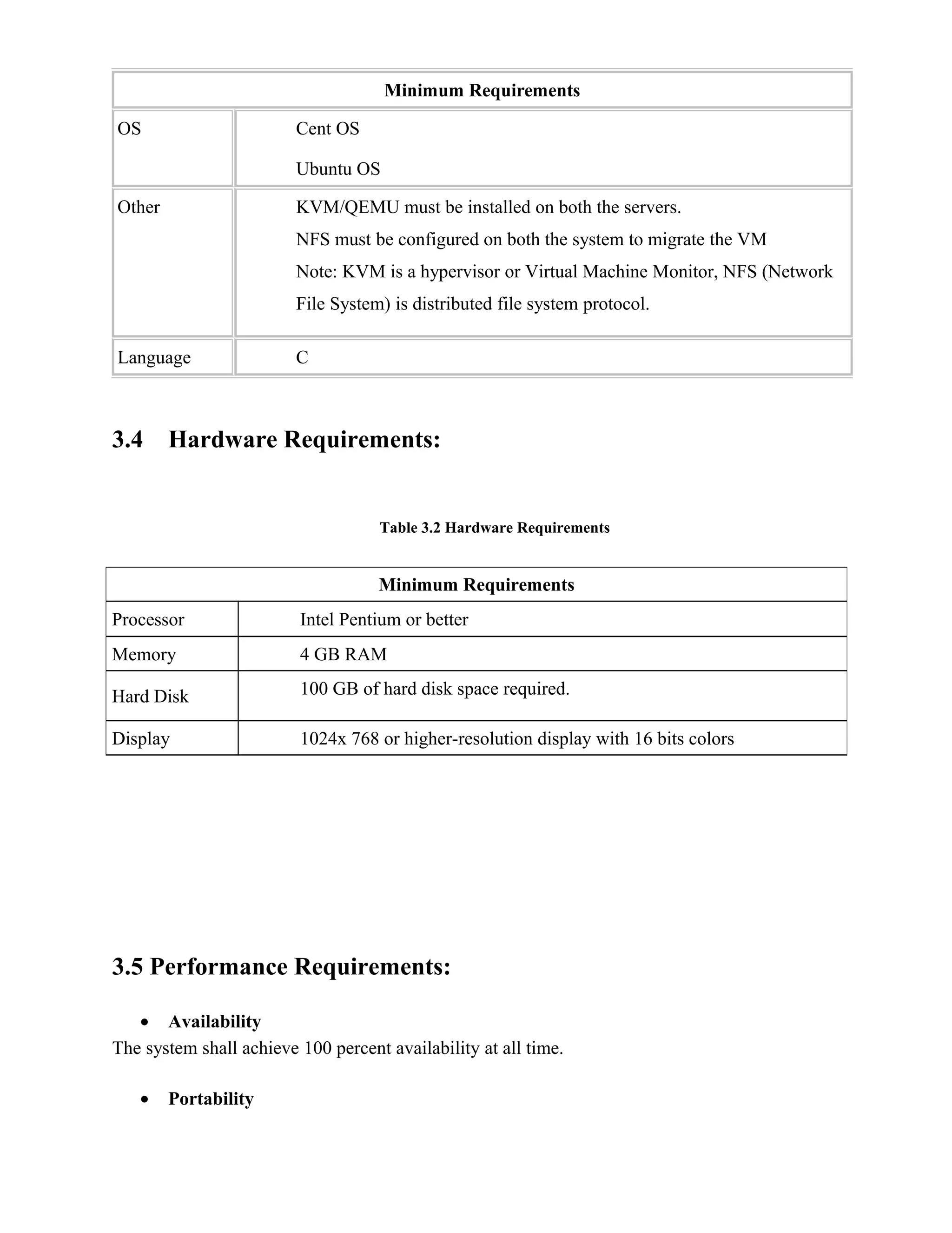 3.4 Hardware Requirements:
Table 3.2 Hardware Requirements
3.5 Performance Requirements:
• Availability
The system shall achieve 100 percent availability at all time.
• Portability
Minimum Requirements
OS Cent OS
Ubuntu OS
Other KVM/QEMU must be installed on both the servers.
NFS must be configured on both the system to migrate the VM
Note: KVM is a hypervisor or Virtual Machine Monitor, NFS (Network
File System) is distributed file system protocol.
Language C
Minimum Requirements
Processor Intel Pentium or better
Memory 4 GB RAM
Hard Disk 100 GB of hard disk space required.
Display 1024x 768 or higher-resolution display with 16 bits colors
 