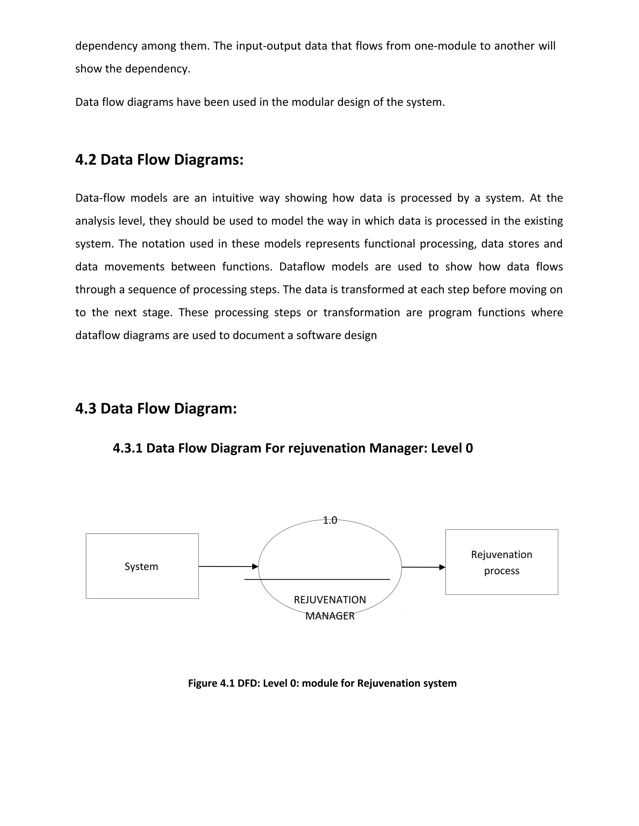 dependency among them. The input-output data that flows from one-module to another will
show the dependency.
Data flow diagrams have been used in the modular design of the system.
4.2 Data Flow Diagrams:
Data-flow models are an intuitive way showing how data is processed by a system. At the
analysis level, they should be used to model the way in which data is processed in the existing
system. The notation used in these models represents functional processing, data stores and
data movements between functions. Dataflow models are used to show how data flows
through a sequence of processing steps. The data is transformed at each step before moving on
to the next stage. These processing steps or transformation are program functions where
dataflow diagrams are used to document a software design
4.3 Data Flow Diagram:
4.3.1 Data Flow Diagram For rejuvenation Manager: Level 0
Figure 4.1 DFD: Level 0: module for Rejuvenation system
Rejuvenation
process
1.0
REJUVENATION
MANAGER
System
 