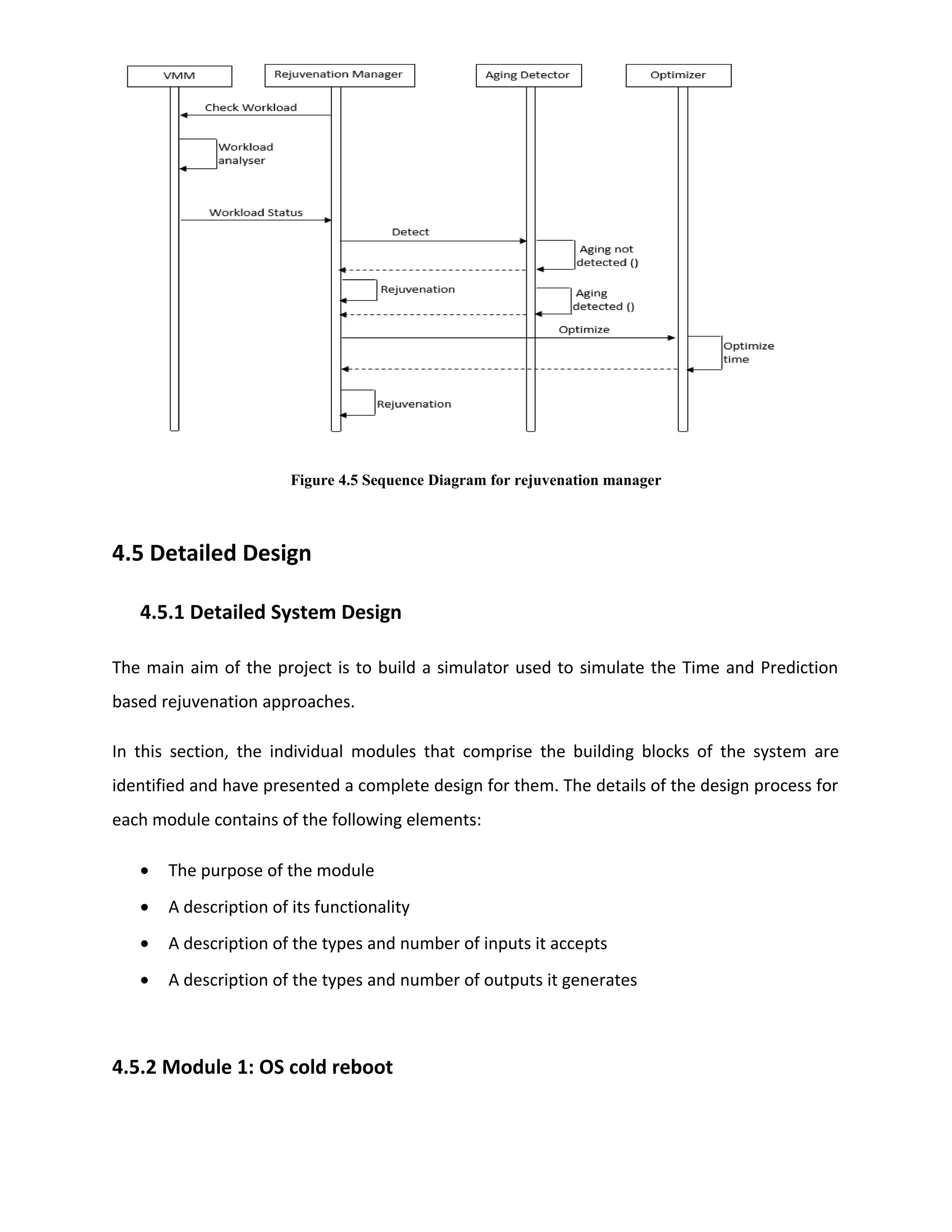 Figure 4.5 Sequence Diagram for rejuvenation manager
4.5 Detailed Design
4.5.1 Detailed System Design
The main aim of the project is to build a simulator used to simulate the Time and Prediction
based rejuvenation approaches.
In this section, the individual modules that comprise the building blocks of the system are
identified and have presented a complete design for them. The details of the design process for
each module contains of the following elements:
• The purpose of the module
• A description of its functionality
• A description of the types and number of inputs it accepts
• A description of the types and number of outputs it generates
4.5.2 Module 1: OS cold reboot
 