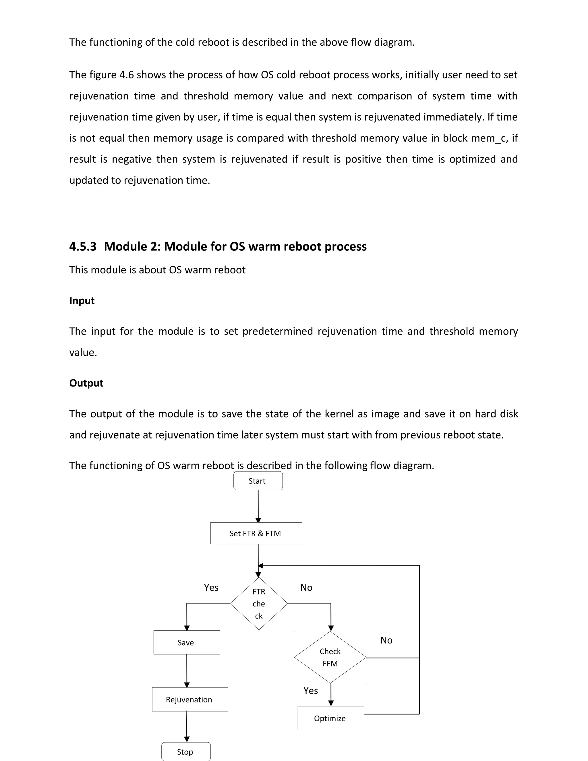 The functioning of the cold reboot is described in the above flow diagram.
The figure 4.6 shows the process of how OS cold reboot process works, initially user need to set
rejuvenation time and threshold memory value and next comparison of system time with
rejuvenation time given by user, if time is equal then system is rejuvenated immediately. If time
is not equal then memory usage is compared with threshold memory value in block mem_c, if
result is negative then system is rejuvenated if result is positive then time is optimized and
updated to rejuvenation time.
4.5.3 Module 2: Module for OS warm reboot process
This module is about OS warm reboot
Input
The input for the module is to set predetermined rejuvenation time and threshold memory
value.
Output
The output of the module is to save the state of the kernel as image and save it on hard disk
and rejuvenate at rejuvenation time later system must start with from previous reboot state.
The functioning of OS warm reboot is described in the following flow diagram.
Yes No
Yes
No
Start
Save
Rejuvenation
Stop
Optimize
Set FTR & FTM
FTR
che
ck
Check
FFM
 