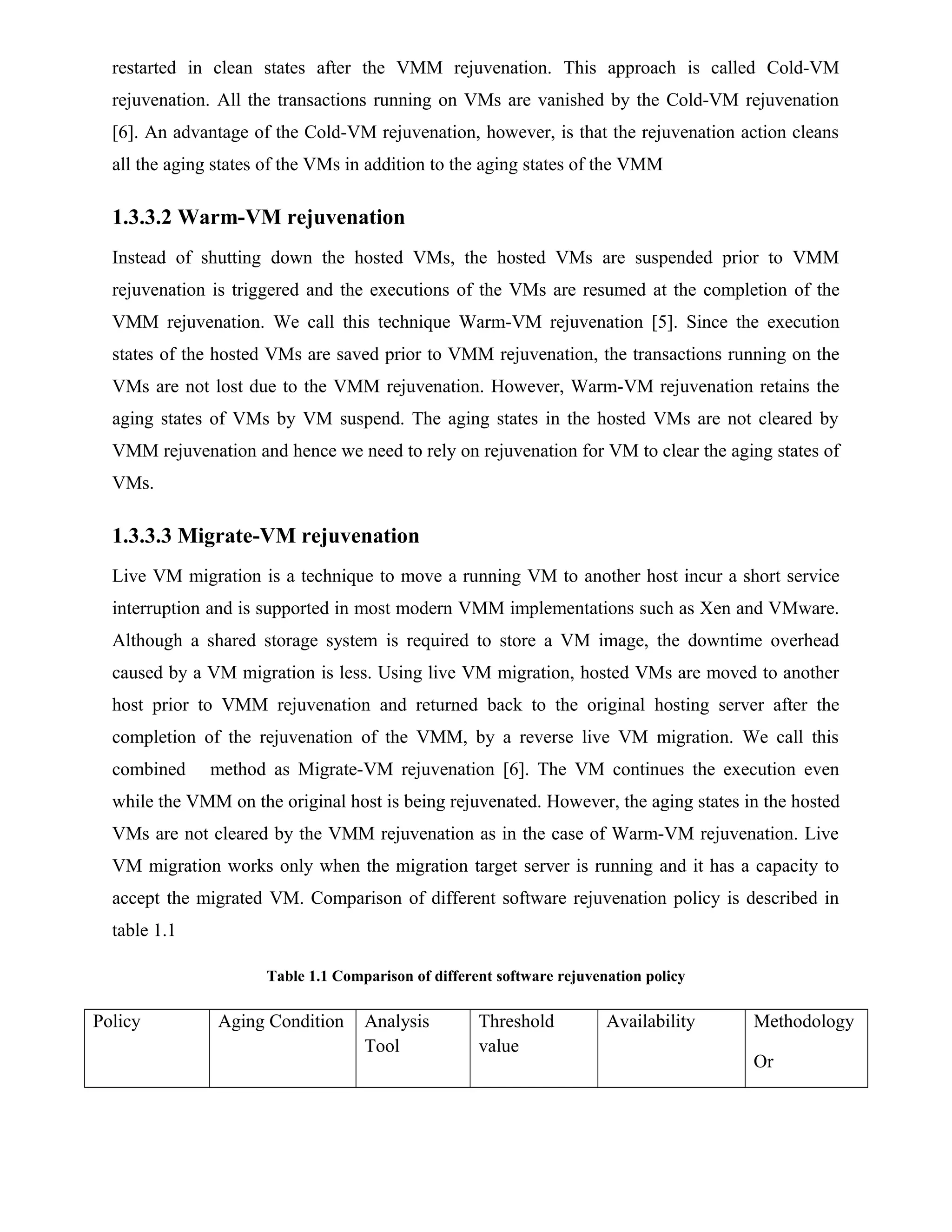 restarted in clean states after the VMM rejuvenation. This approach is called Cold-VM
rejuvenation. All the transactions running on VMs are vanished by the Cold-VM rejuvenation
[6]. An advantage of the Cold-VM rejuvenation, however, is that the rejuvenation action cleans
all the aging states of the VMs in addition to the aging states of the VMM
1.3.3.2 Warm-VM rejuvenation
Instead of shutting down the hosted VMs, the hosted VMs are suspended prior to VMM
rejuvenation is triggered and the executions of the VMs are resumed at the completion of the
VMM rejuvenation. We call this technique Warm-VM rejuvenation [5]. Since the execution
states of the hosted VMs are saved prior to VMM rejuvenation, the transactions running on the
VMs are not lost due to the VMM rejuvenation. However, Warm-VM rejuvenation retains the
aging states of VMs by VM suspend. The aging states in the hosted VMs are not cleared by
VMM rejuvenation and hence we need to rely on rejuvenation for VM to clear the aging states of
VMs.
1.3.3.3 Migrate-VM rejuvenation
Live VM migration is a technique to move a running VM to another host incur a short service
interruption and is supported in most modern VMM implementations such as Xen and VMware.
Although a shared storage system is required to store a VM image, the downtime overhead
caused by a VM migration is less. Using live VM migration, hosted VMs are moved to another
host prior to VMM rejuvenation and returned back to the original hosting server after the
completion of the rejuvenation of the VMM, by a reverse live VM migration. We call this
combined method as Migrate-VM rejuvenation [6]. The VM continues the execution even
while the VMM on the original host is being rejuvenated. However, the aging states in the hosted
VMs are not cleared by the VMM rejuvenation as in the case of Warm-VM rejuvenation. Live
VM migration works only when the migration target server is running and it has a capacity to
accept the migrated VM. Comparison of different software rejuvenation policy is described in
table 1.1
Table 1.1 Comparison of different software rejuvenation policy
Policy Aging Condition Analysis
Tool
Threshold
value
Availability Methodology
Or
 