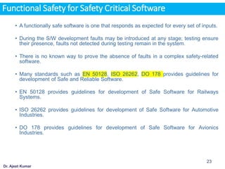Dr. Ajeet Kumar
• A functionally safe software is one that responds as expected for every set of inputs.
• During the S/W development faults may be introduced at any stage; testing ensure
their presence, faults not detected during testing remain in the system.
• There is no known way to prove the absence of faults in a complex safety-related
software.
• Many standards such as EN 50128, ISO 26262, DO 178 provides guidelines for
development of Safe and Reliable Software.
• EN 50128 provides guidelines for development of Safe Software for Railways
Systems.
• ISO 26262 provides guidelines for development of Safe Software for Automotive
Industries.
• DO 178 provides guidelines for development of Safe Software for Avionics
Industries.
23
Functional Safety for Safety Critical Software
 