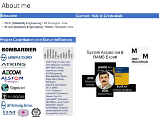 ▪ Ph.D. (Reliability Engineering): IIT Kharagpur, India.
▪ M.Tech (Software Engineering): MNNIT, Allahabad, India.
Education Current Role & Credentials
Project Contribution and Earlier Affiliations
System Assurance &
RAMS Expert
India
Malaysia
Indonesia
Germany
France
UK
USA
Japan
Qatar
Australia
UAE
HS2 Phase-1 London (UK)
GFR Melbourne (Australia)
MRTS/RRTS (India)
Agra-Kanpur (India)
R151 (Singapore)
Etihad Rail (Abu Dhabi)
Dubai Metro (Dubai)
SWR (UK)
Expo link 2020 (Dubai)
DFCC (India)
LTR 3 (Malaysia)
Jakarta LRT (Indonesia)
Network Rail (UK)
Jakarta MRT (Indonesia)
Delhi Metro Line-8 (India)
Doha Metro (Qatar)
Sydney Metro (Australia)
Hyderabad Metro (India)
Invensys Rail (UK/USA)
About me
@1000 hrs.
Invited Lectures
@30
Research
Articles
@200
Citation Index
Book on
Software Reliability
 
